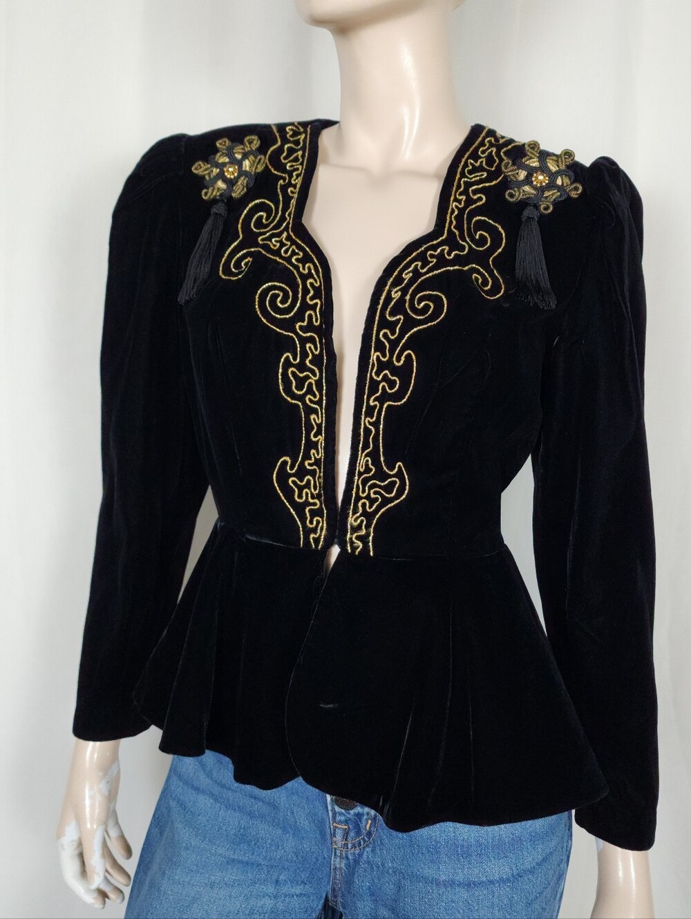 Vtg 80s velvet peplum tassel blazer jacket SM gold soutache